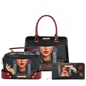 Nicole Lee Black and Burgundy Satchel Set